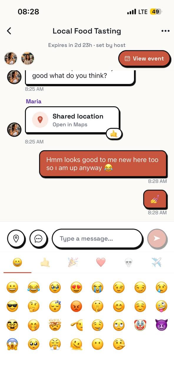 In-app chat on Suppertime